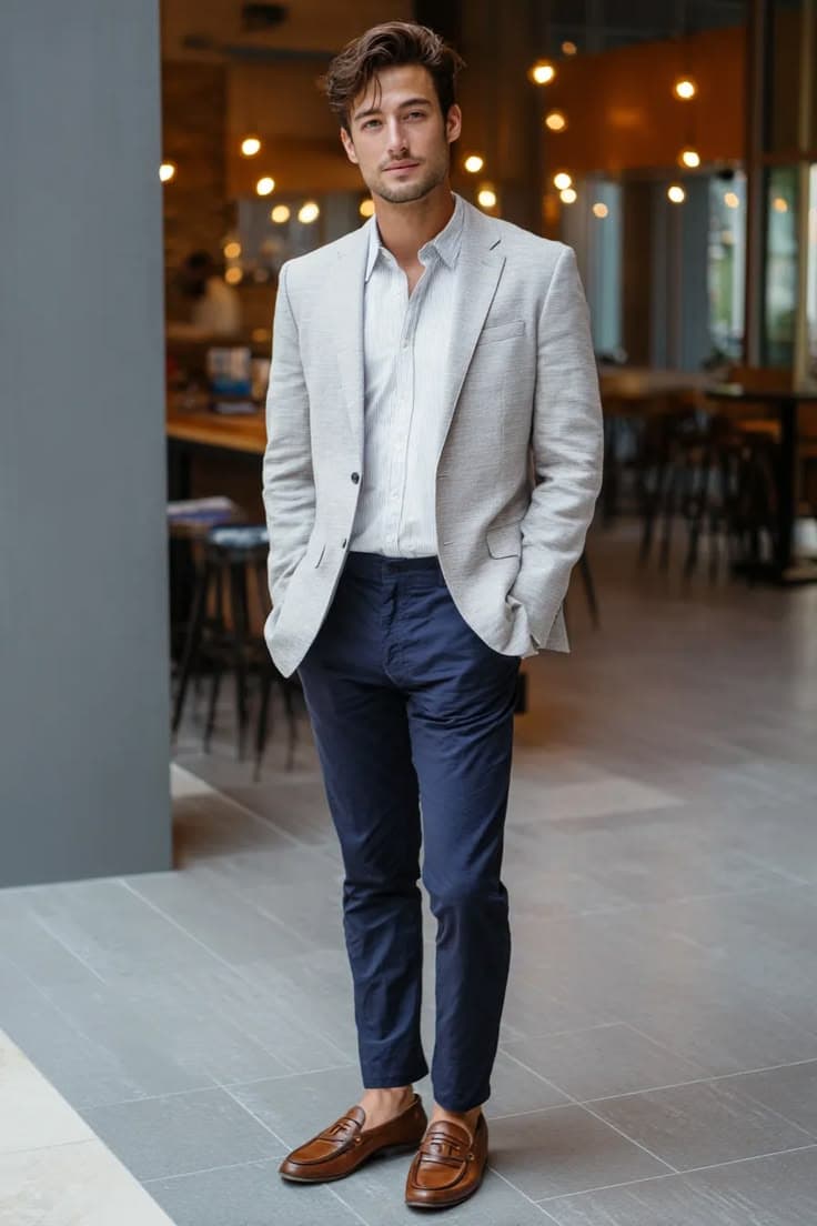 Blazer claro combinado com calça azul-marinho